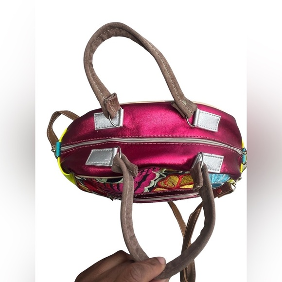 Mexican Floral Embroidered Suede Leather Handbag Colorful Medium Handmade - Picture 5 of 12